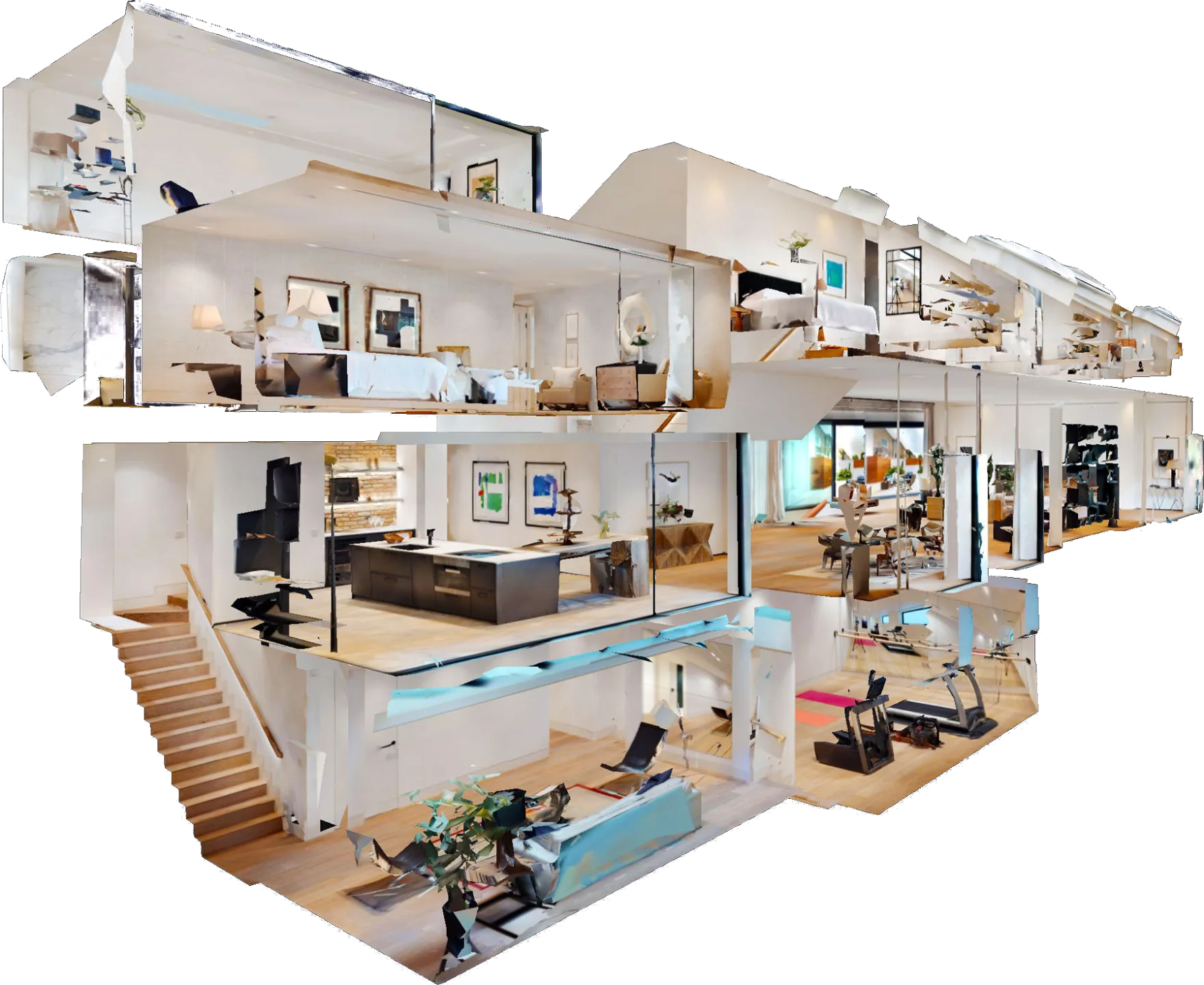 Vista dollhouse de un modelo 3D propio de Virtual Space CR: corte volumétrico de una residencia de varios niveles donde se distinguen dormitorios, cocina, sala, comedor y gimnasio.